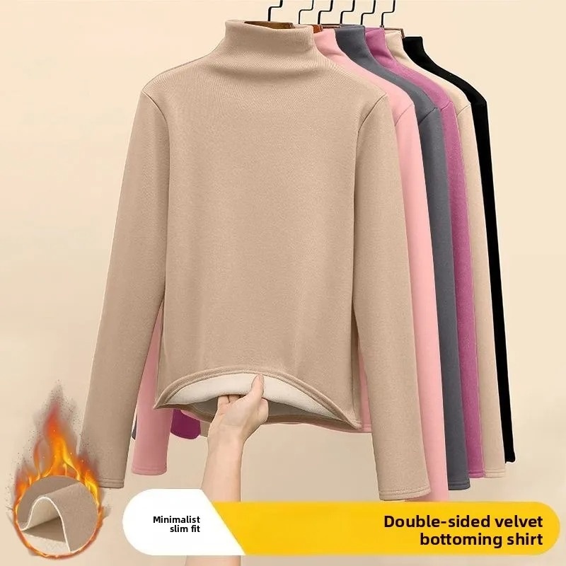 女性の熱下着冬肥厚とフランネルボトムシャツ固体長袖ベーシック Tシャツ加熱繊維プルオーバー