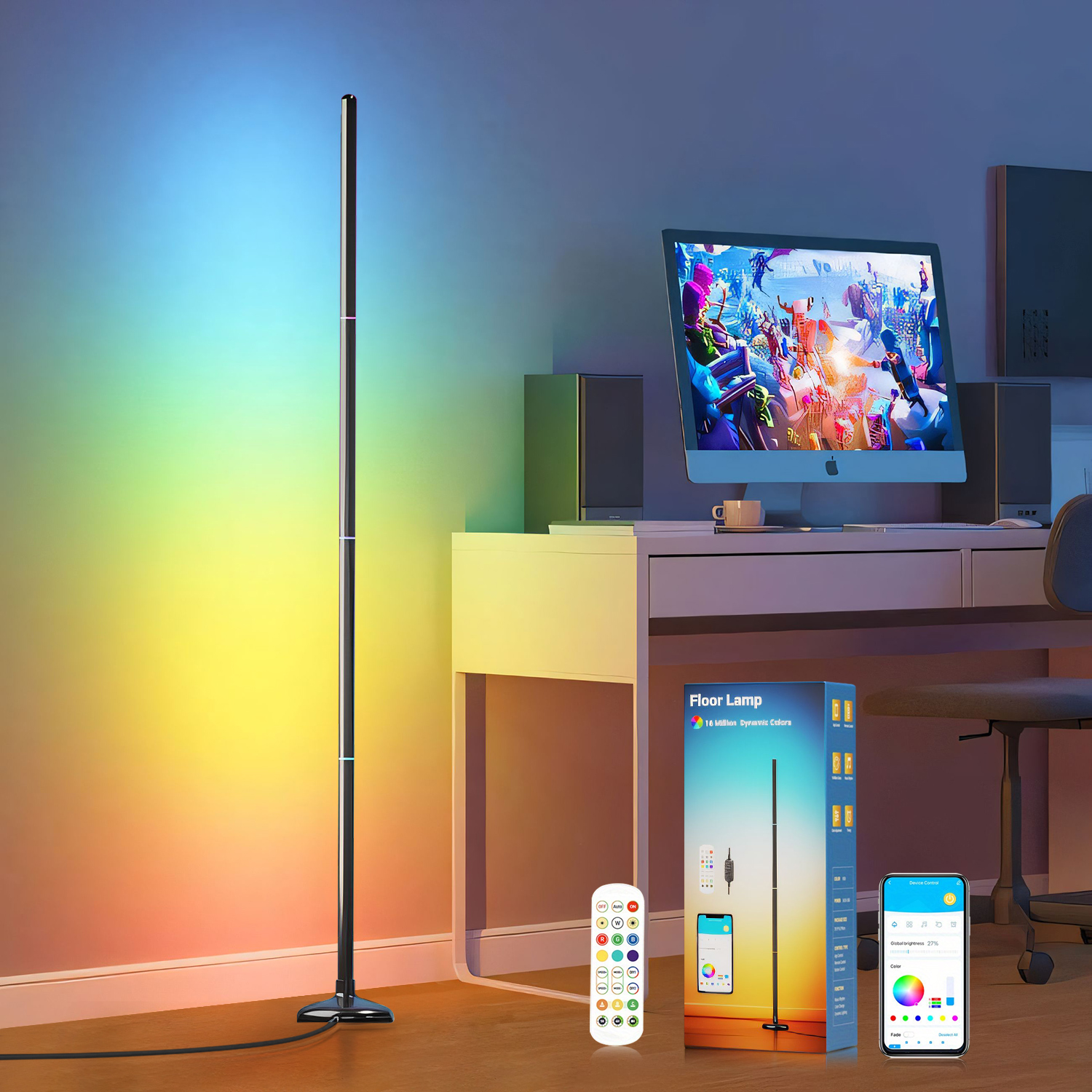 RGB色変更フロアランプ、充電式電池式スタンディングランプ、APP付きBluetoothスマートフロアライト