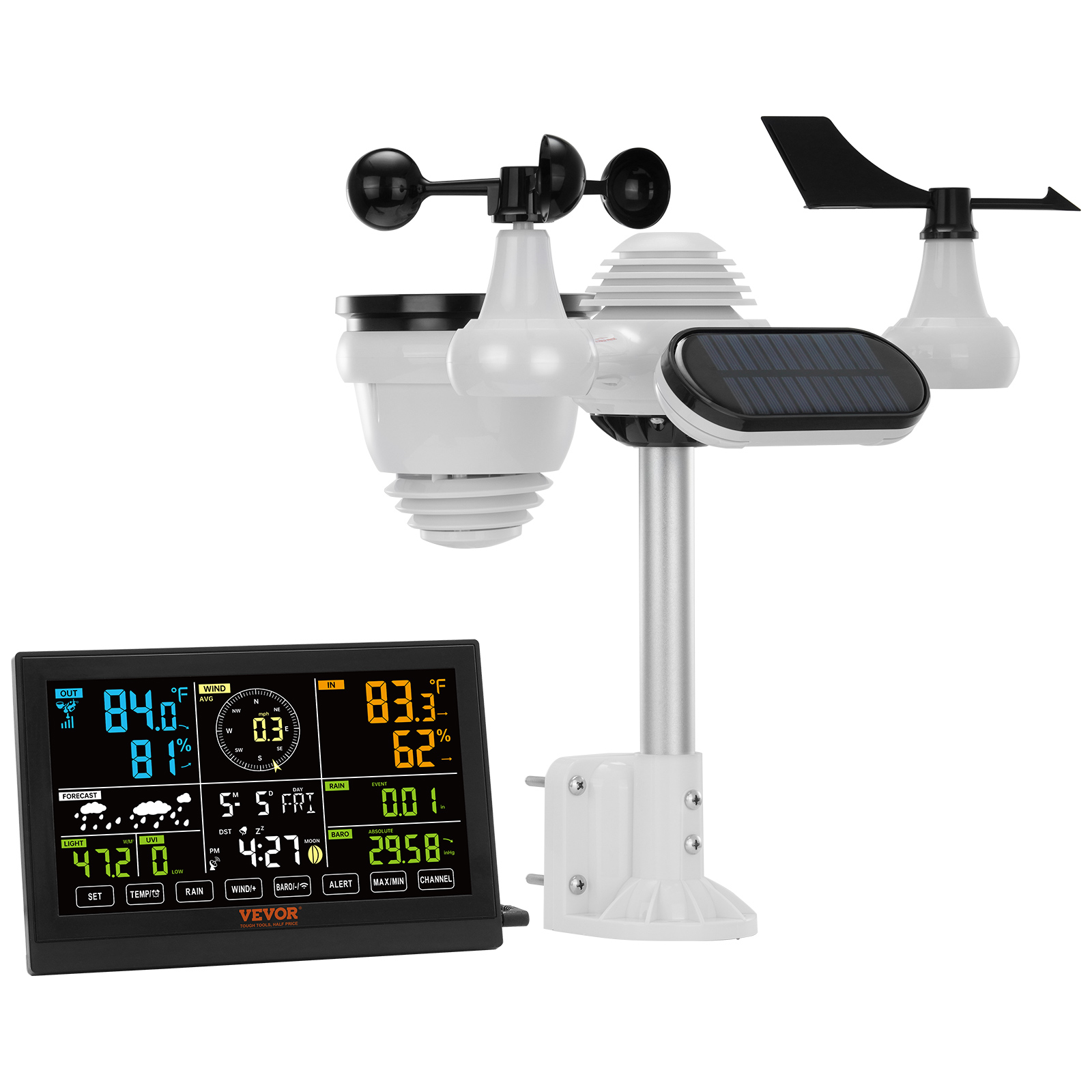 SucceBuy 7-in-1 ワイヤレス気象ステーション 7.5 インチ大型カラーディスプレイデジタルホーム気象ステーション、予測データ、アラーム、アラート用