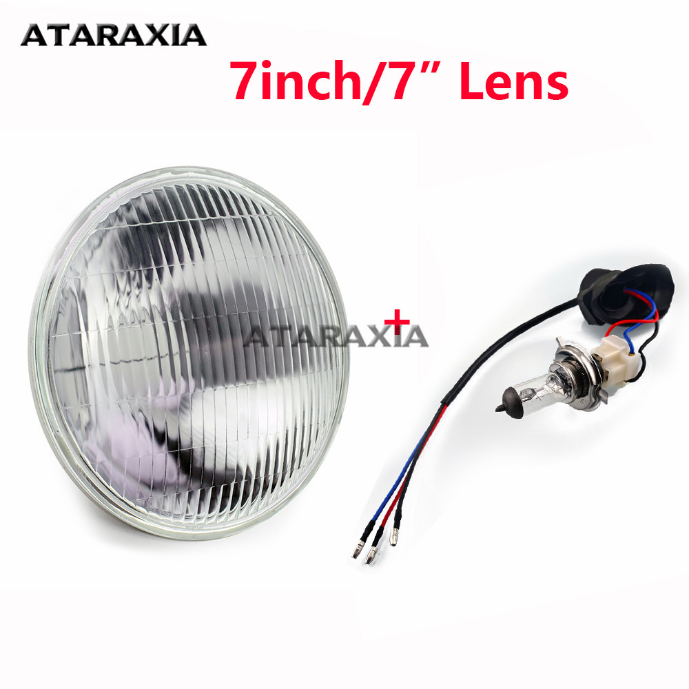 オートバイ 7 "ヘッドライトガラスレンズクリア H4 電球ソケットヘッドライトランプヘッドランプガラスレンズハーレーダイナソフテイルスポーツスター