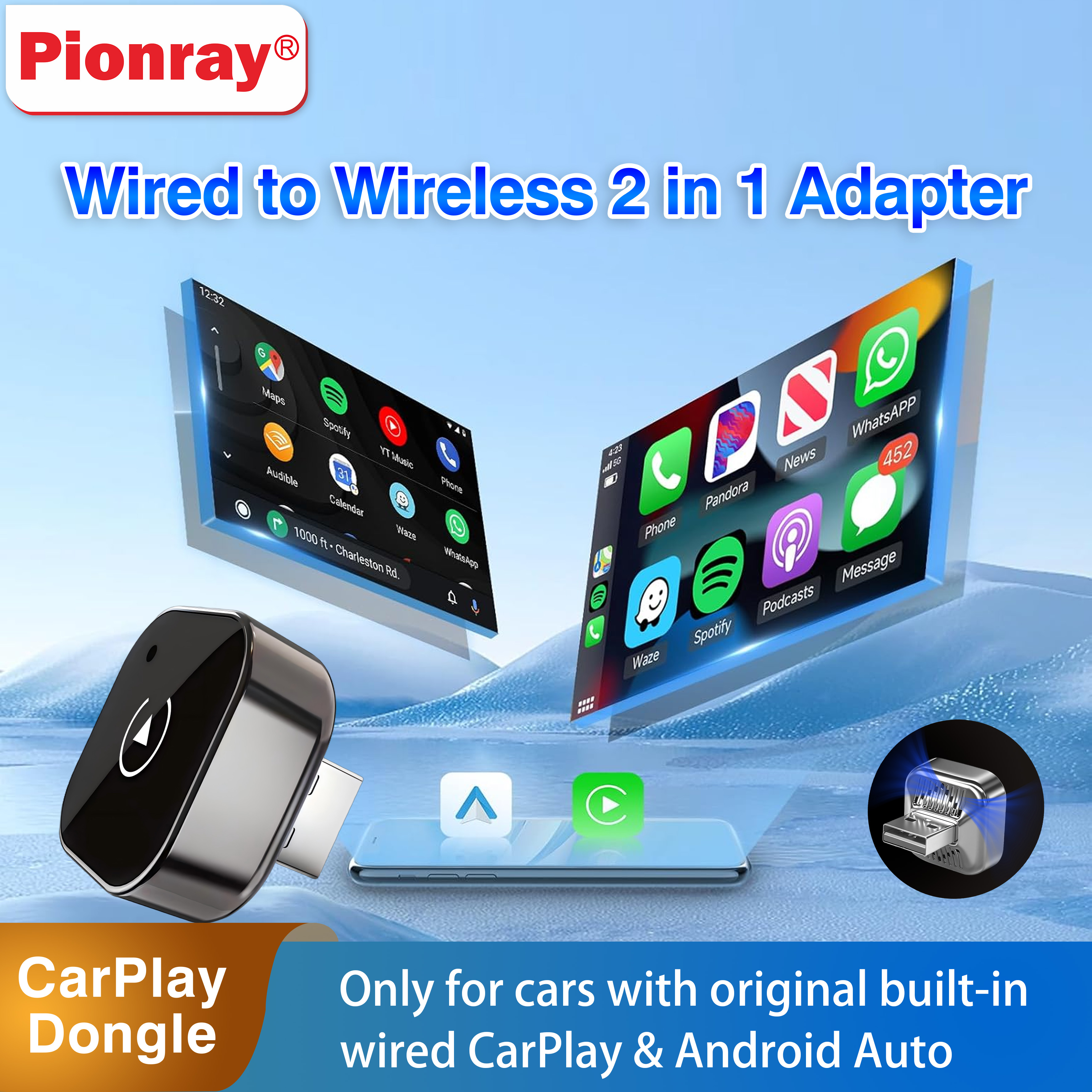 新しい Pionray 2 in 1 ワイヤレス CarPlay アダプター