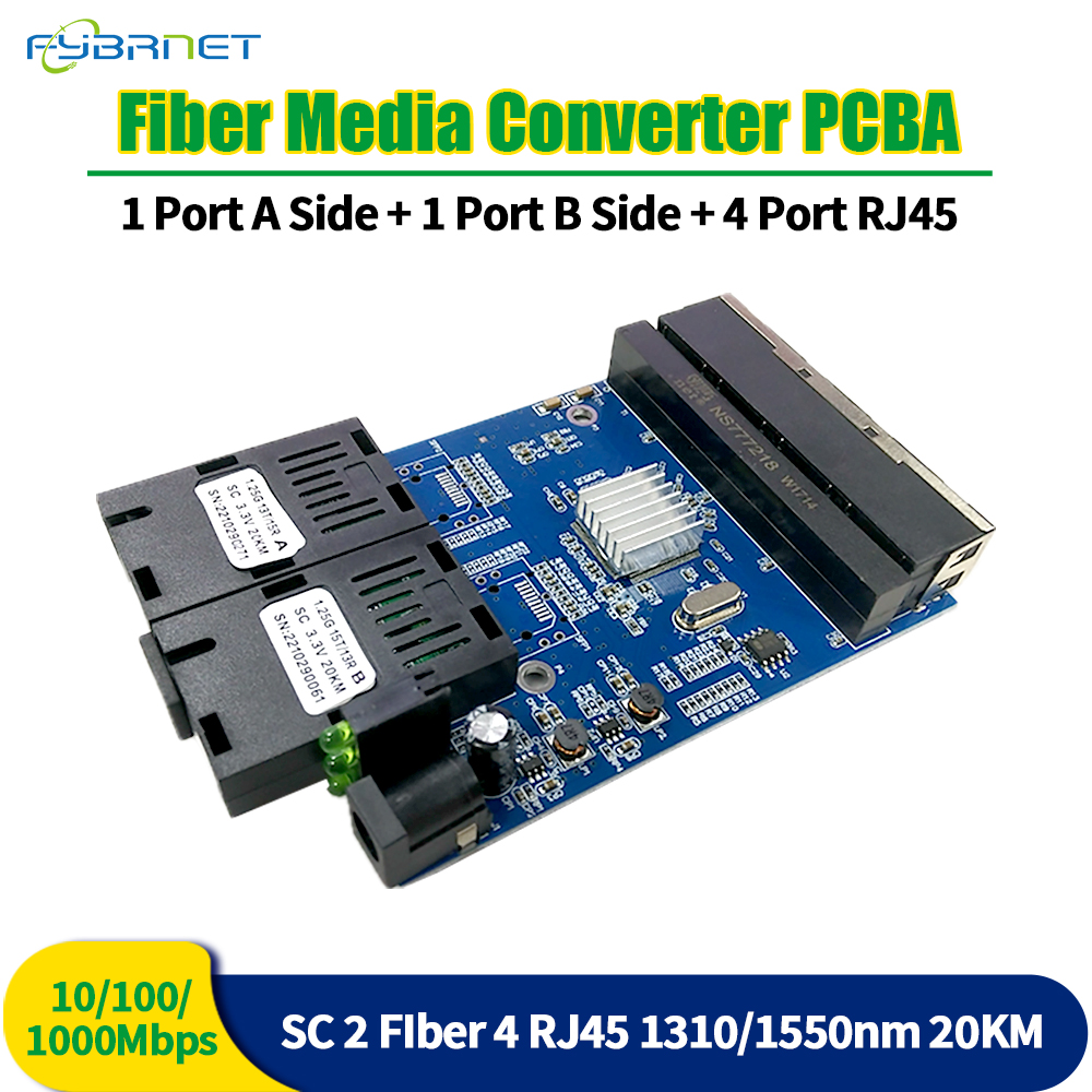 20 キロギガビットイーサネット光シングルモードポート 2 ファイバー 4 RJ45 SC 10M/100M/1000M メディアイーサネットスイッチコンバータ PCBA ボード