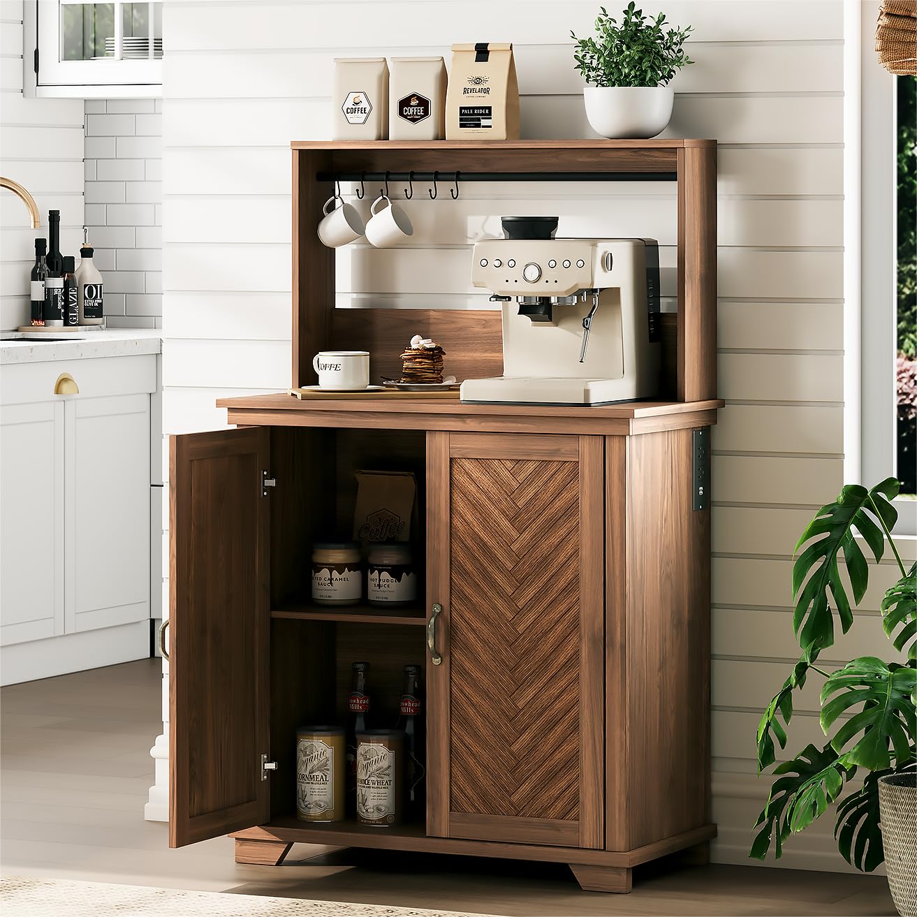 ファームハウスコーヒーバーキャビネット 収納付き 31.5インチ キッチンキャビネット フックと充電ステーション付き コーヒーステーション付き カスタマイズ