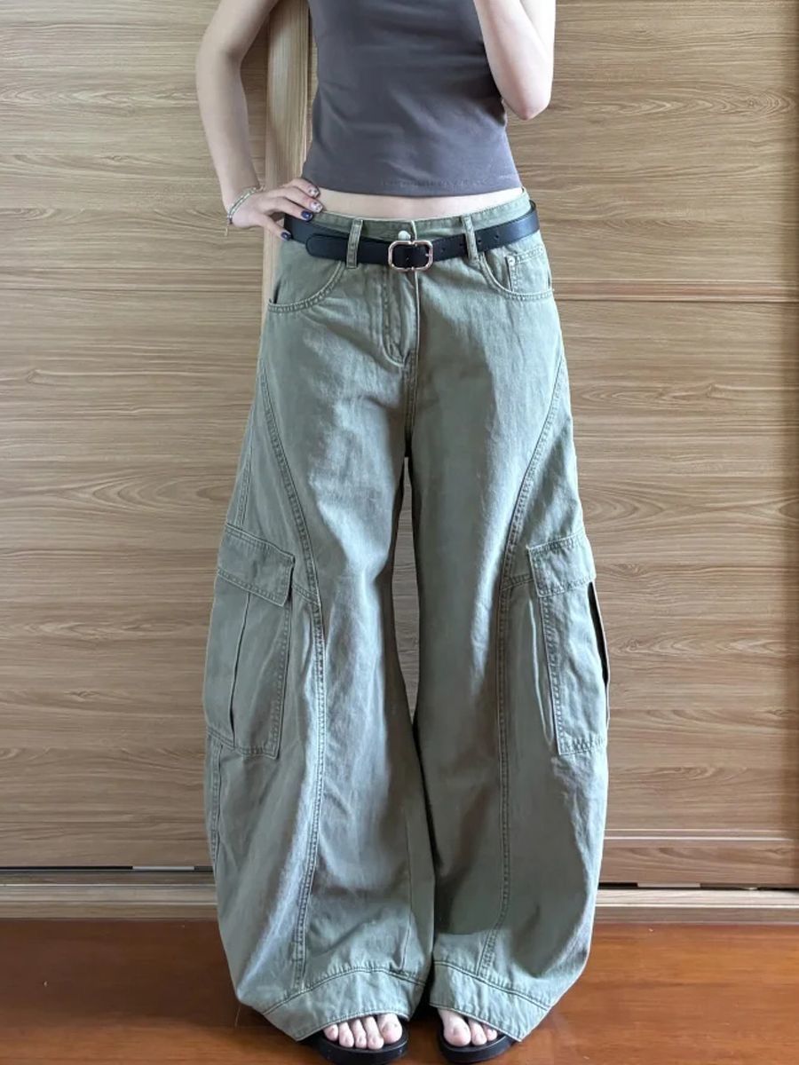 スパイシーガールレトログレーグリーン作業着ワイドレッグジーンズ女性ハイウエストルーズフィット痩身多用途、ニッチフロアパンツ