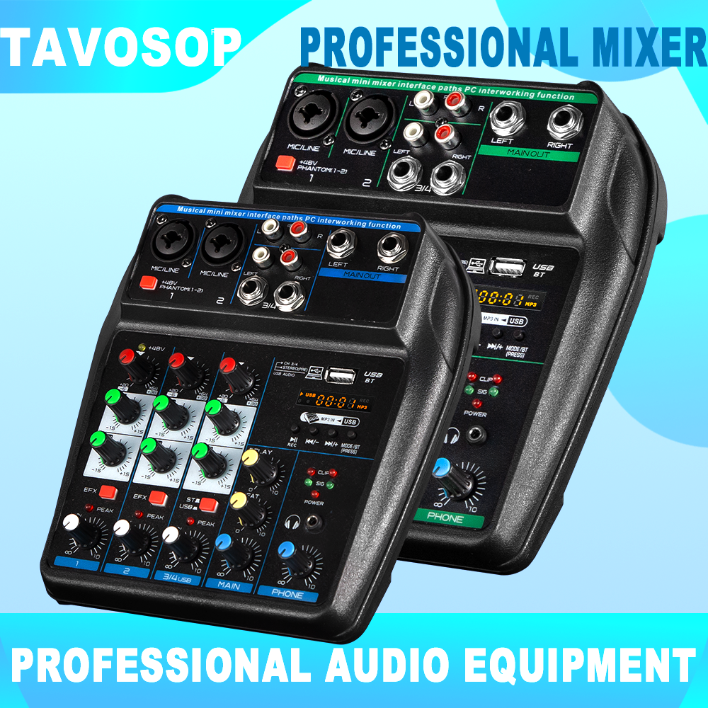TAVOSOP ポータブル 4 チャンネルオーディオミキサー録音サウンドコンソールカード BT ​​48V USB インターフェース DJ カラオケ PC MP3 マイク
