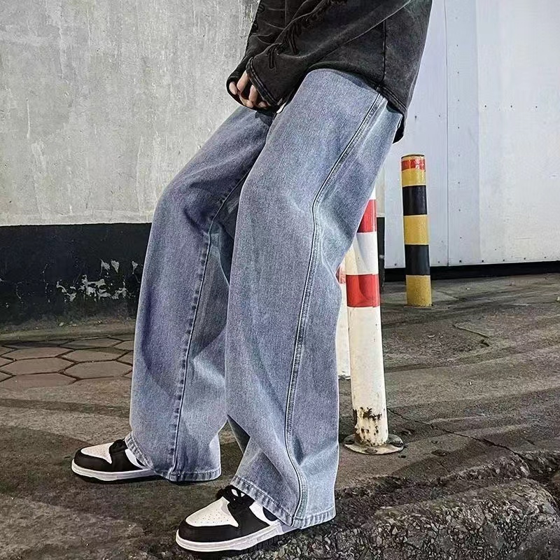 2023New ストリートルーズジーンズ男性韓国スタイルのファッションルーズストレートワイドレッグパンツメンズブランド服ブラックライトブルー