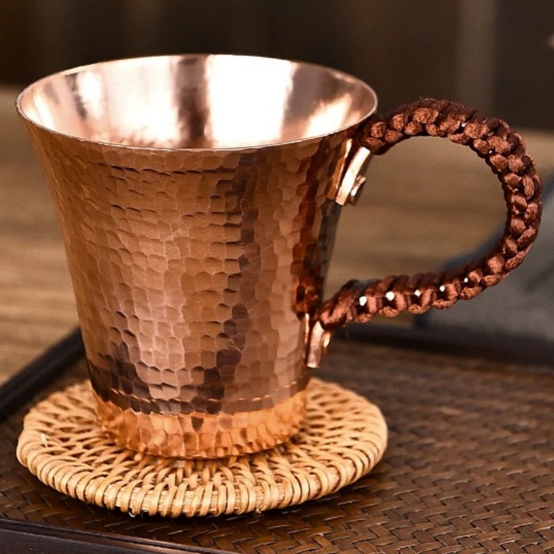 ヴィンテージ純銅マグ、手作りハンマーテクスチャ織りハンドル朝食ミュールミルクビールコーヒー 170 ミリリットルカップ、ティータンブラー食器