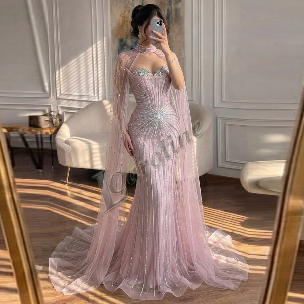 キャロラインキラキラ恋人イブニングドレス女性のためのレースアップリケマーメイドケープサウジアラビア Vestidos デ · フィエスタカスタマイズ