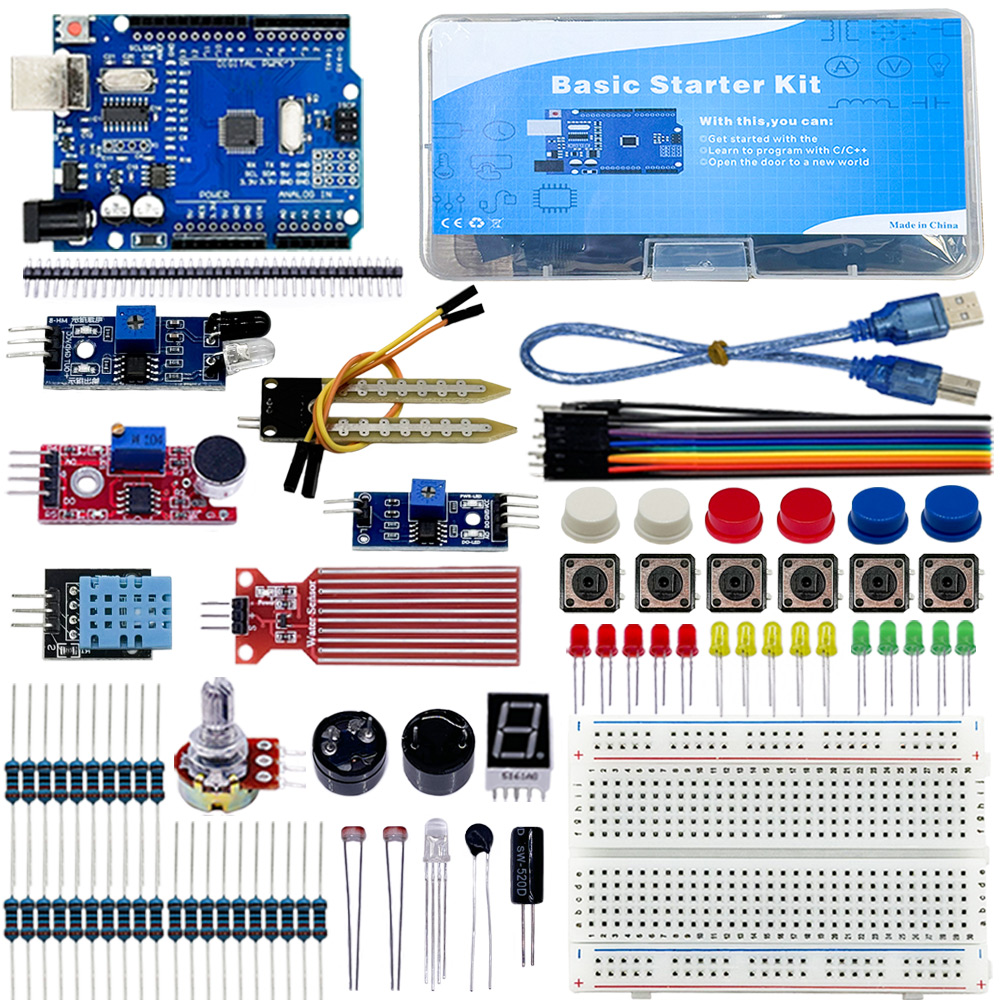 電子基本スターターキット arduino Uno R3 用、サウンドセンサー、水位、DHT11、LED、400 穴ブレッドボード、デュポン、Atmelmage328P
