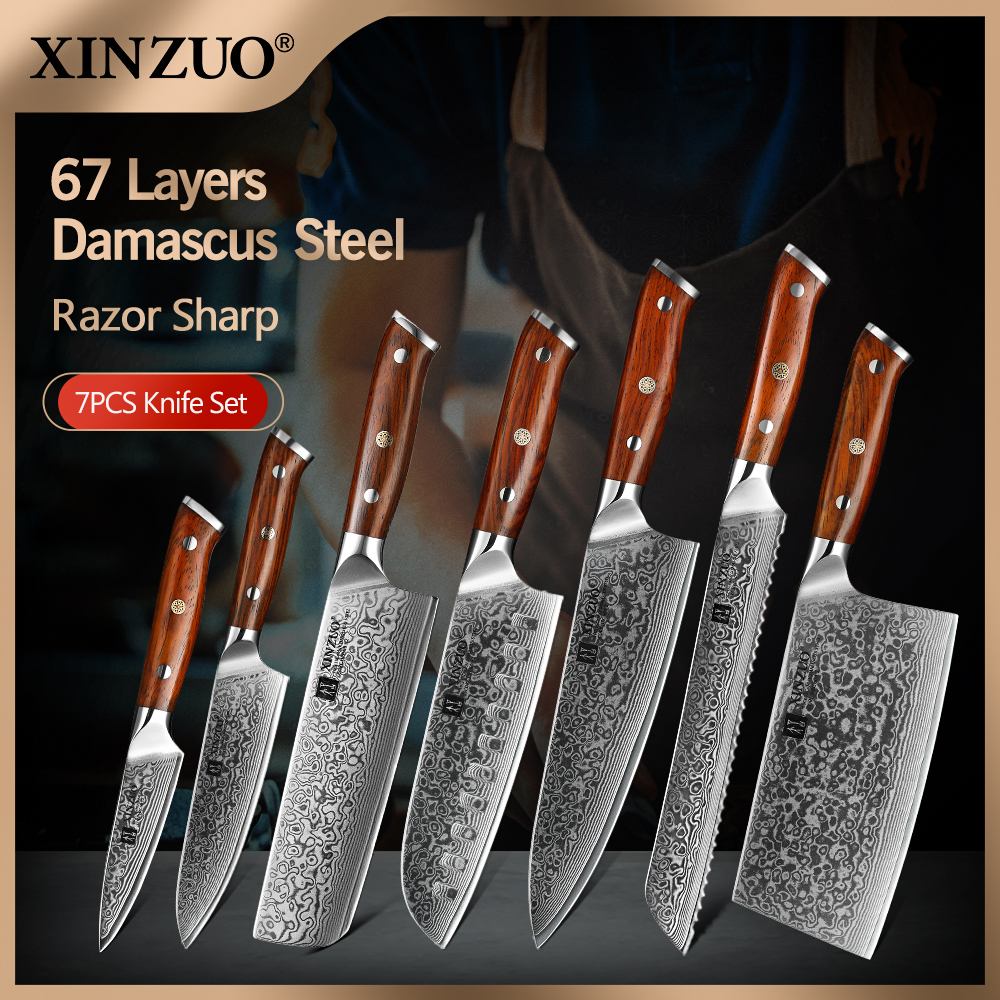 XINZUO 7 個 VG10 ダマスカス鋼ナイフセット 67 層ローズウッドハンドル 60HRC 切れ味国際標準ギフトボックスキッチンツール