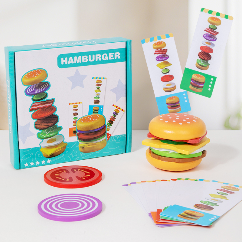 モンテッソーリ木製ハンバーガーごっこ遊びおもちゃ教育シミュレーション食品マッチングスタッキングゲームカード付き子供用 2 年間ギフト