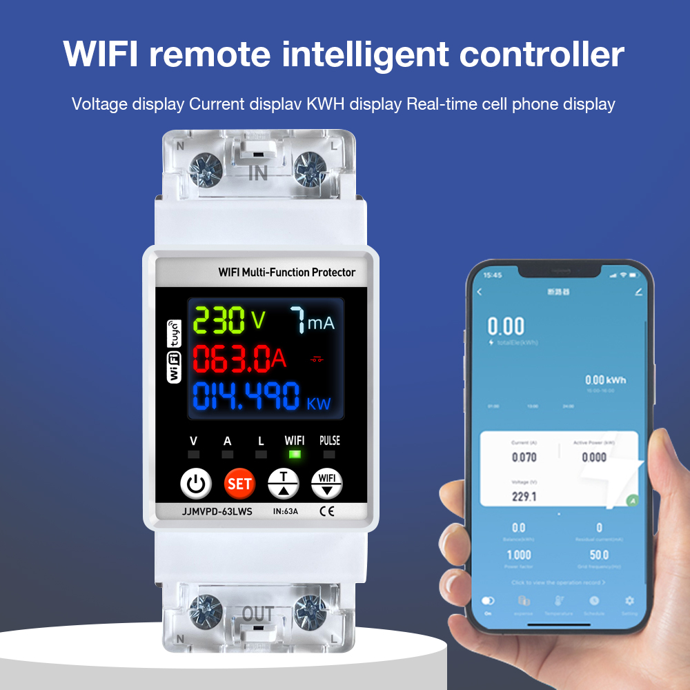 WiFi 電力メーター 63A スマートパワーメーター自動再閉プロテクター LCD リーク電流電圧モニターサーキットブレーカー