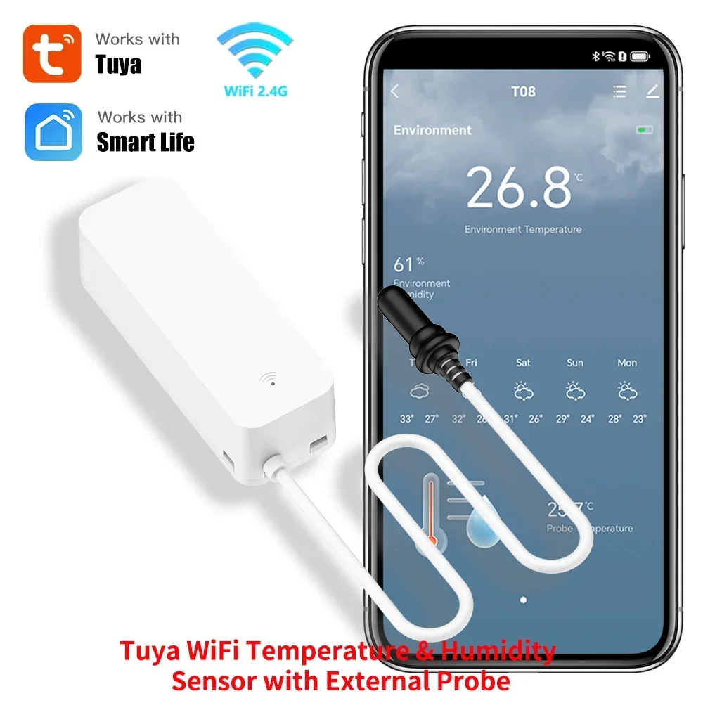 Tuya WiFi 温度湿度センサー 外部プローブ付き スマートホーム湿度計アプリ監視 植物水族館ワイナリー用