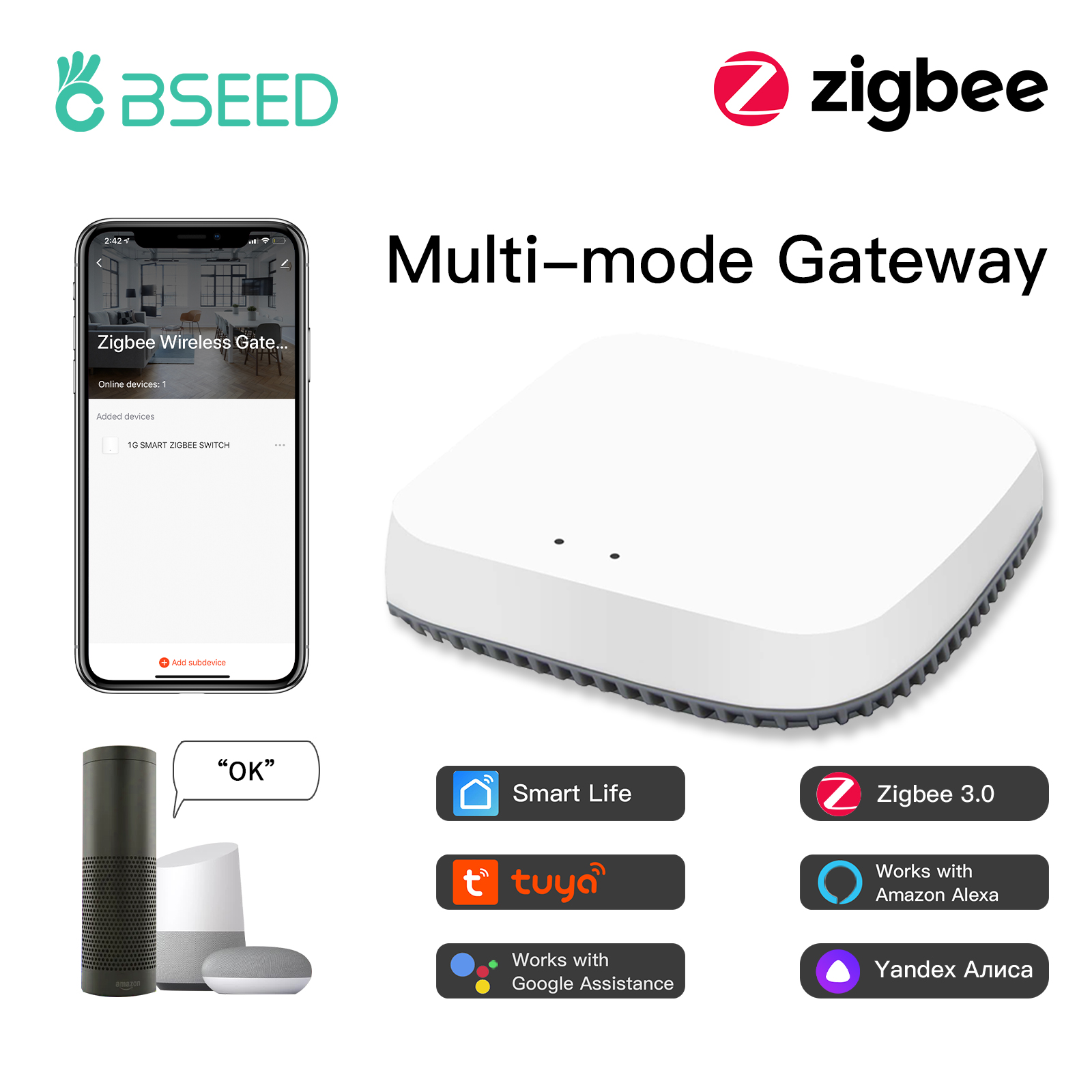 BSEED Tuya Zigbee スマート ゲートウェイ ハブ ワイヤレス ホーム ブリッジ Wifi スイッチ リモコン スマート ライフ Alexa Google ホームと連携