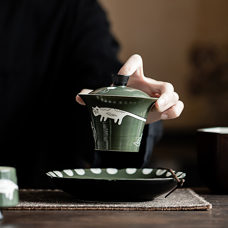 手描きのかわいい猫磁器gaiwanセット用茶花tureen茶器カップ中国グリーンボウル茶わん茶道セットユリ