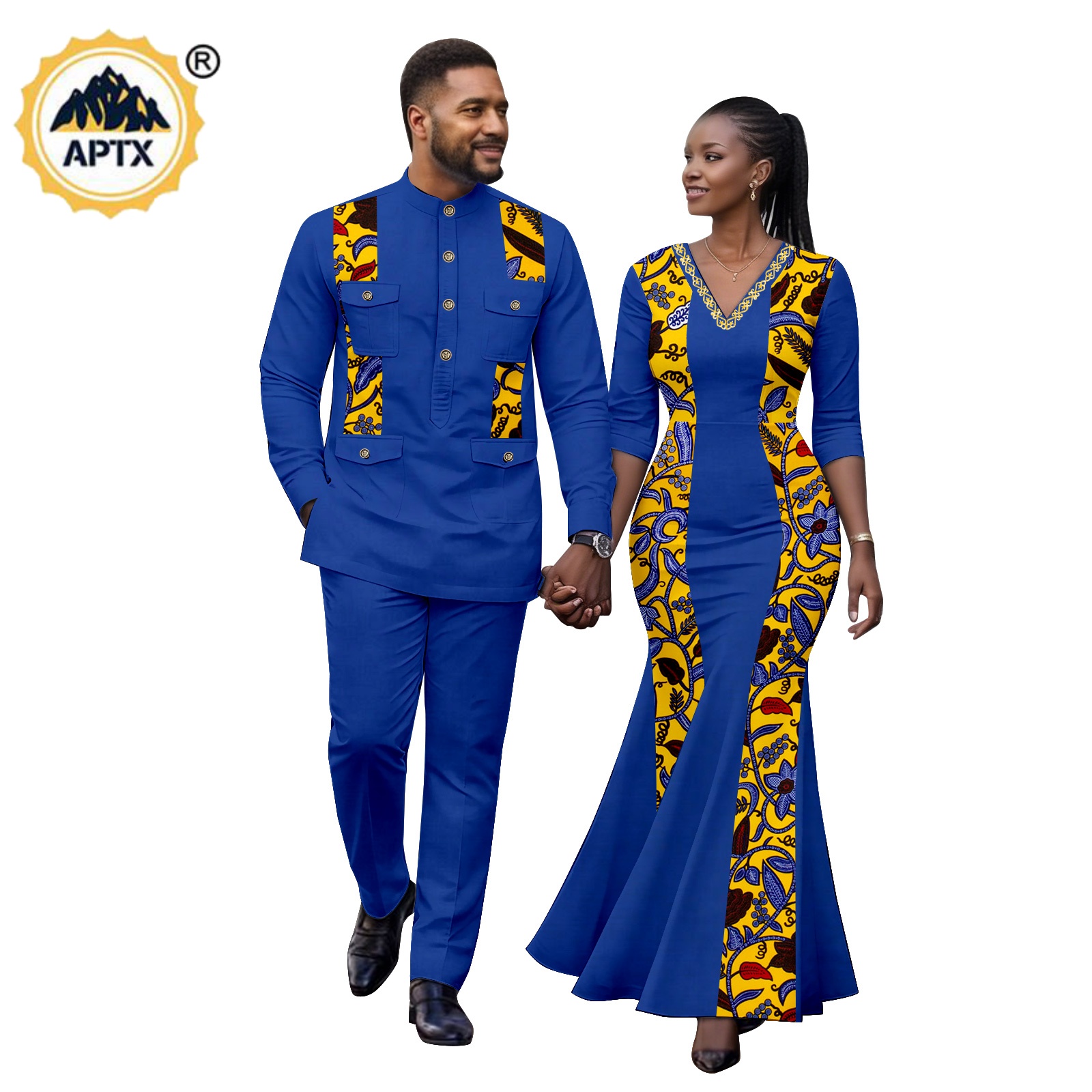アフリカプリント V ネックマーメイドドレス女性のためのマッチングカップル衣装 Dashiki 男性トップシャツとパンツセットウェディングパーティー 26C014