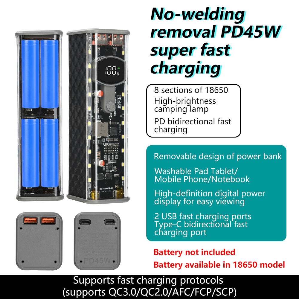 8×18650バッテリーケース、PD 45W超高速充電付きDIYバッテリー収納ボックス、はんだ不要のパワーバンクケース、屋外ライト付き