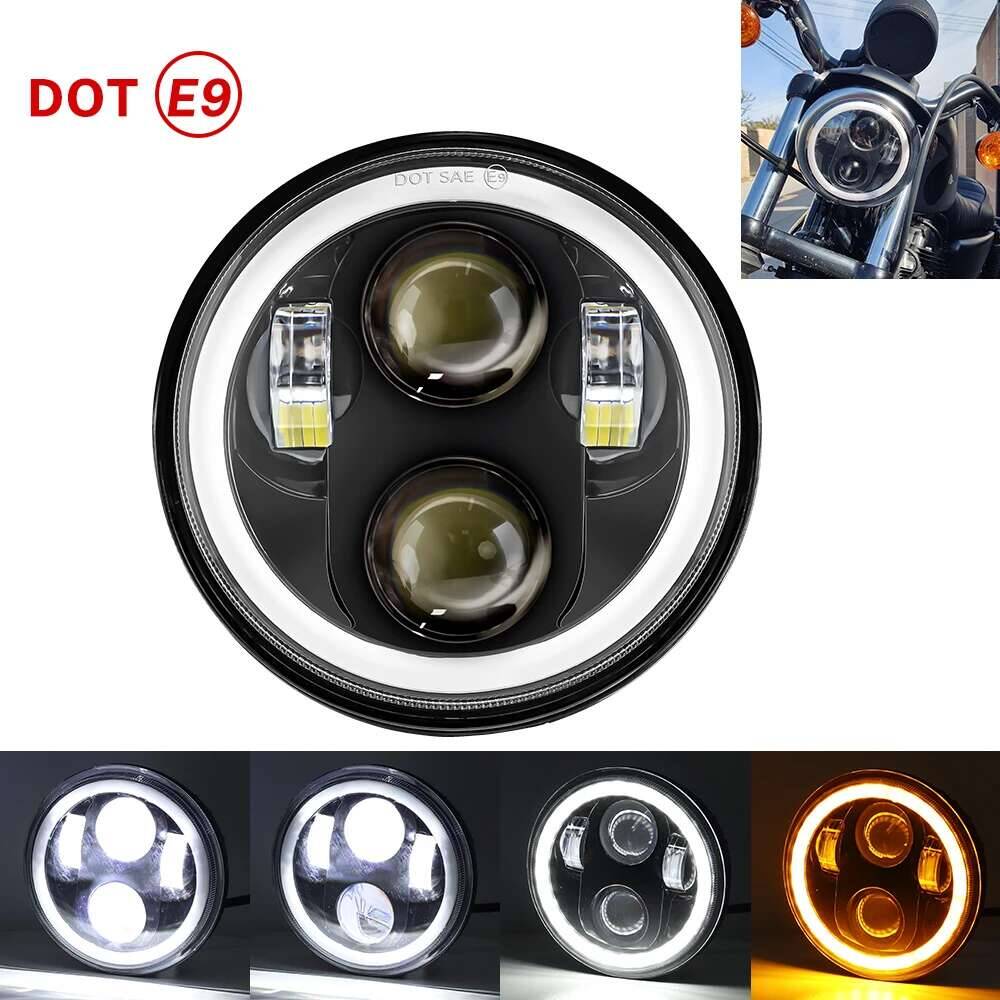 黒 5.75 "オートバイヘッドライト LED 投影ランプエンジェルリング 12V モータースポーツスターカフェレーサーボバーアイアン 883 ダイナ