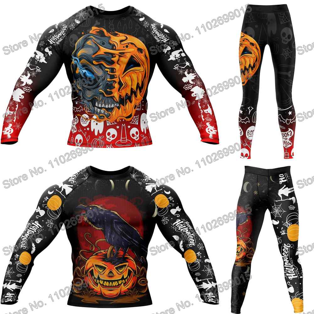 ハッピーハロウィンラッシュガードダイビング Tシャツパンツ BJJ ボクシング MMA 水着男性夏長袖サーフ服女性ジムトップス