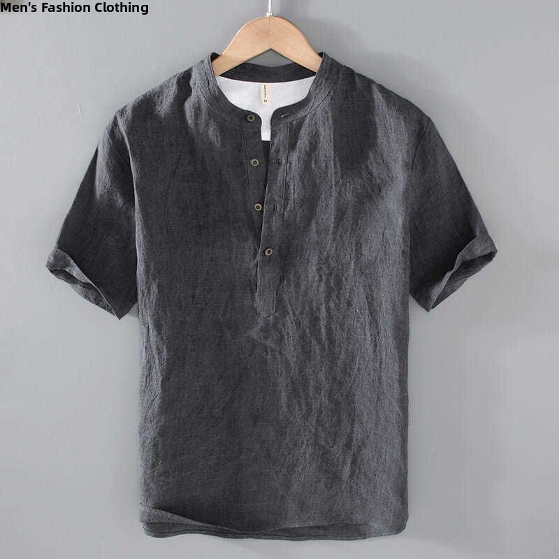 レトロリネン半袖 Tシャツメンズ薄手ルーズ夏新コットンリネンスタンドカラー半袖カジュアルトレンディトップ