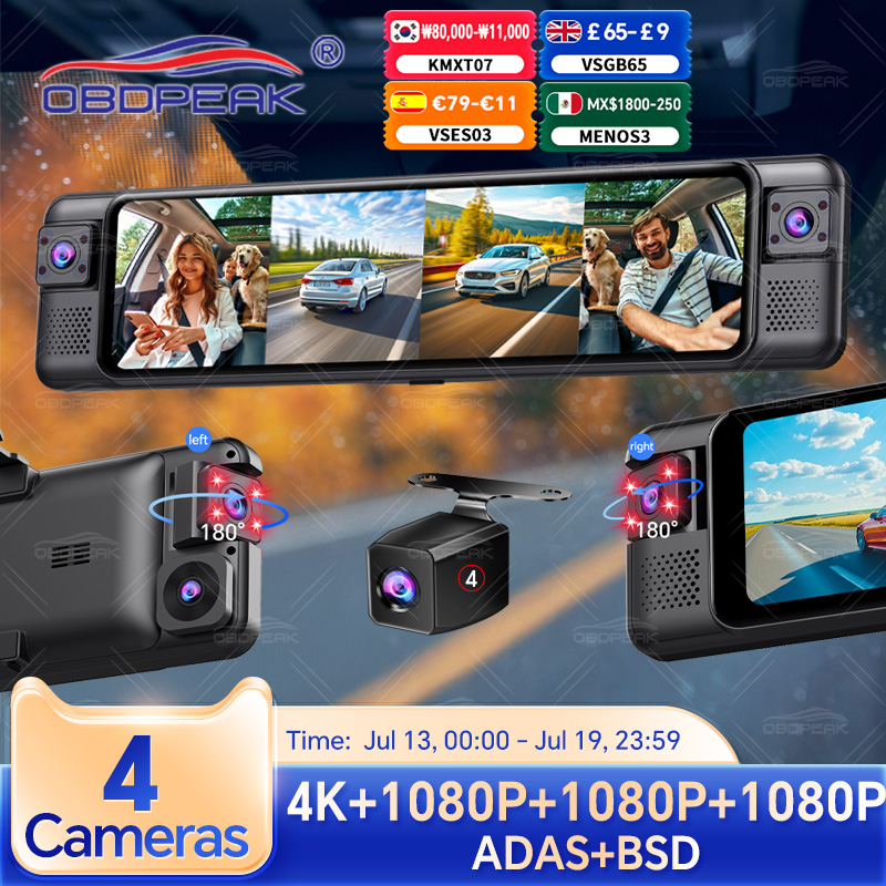 OBDPEAK 4CH 11 インチ 4K 1K 1K 1K バックミラーダッシュカム ADAS BSD WiFi ナイトビジョン 24 時間駐車モニタータイムラプス 360°