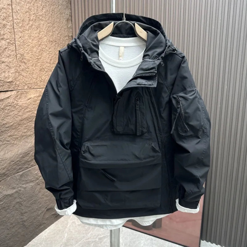 Cityboy 作業服フード付きジャケットメンズ 2023 春秋ルーズカジュアルコートビッグジッパーポケットアーバンサファリジャケット男性のための