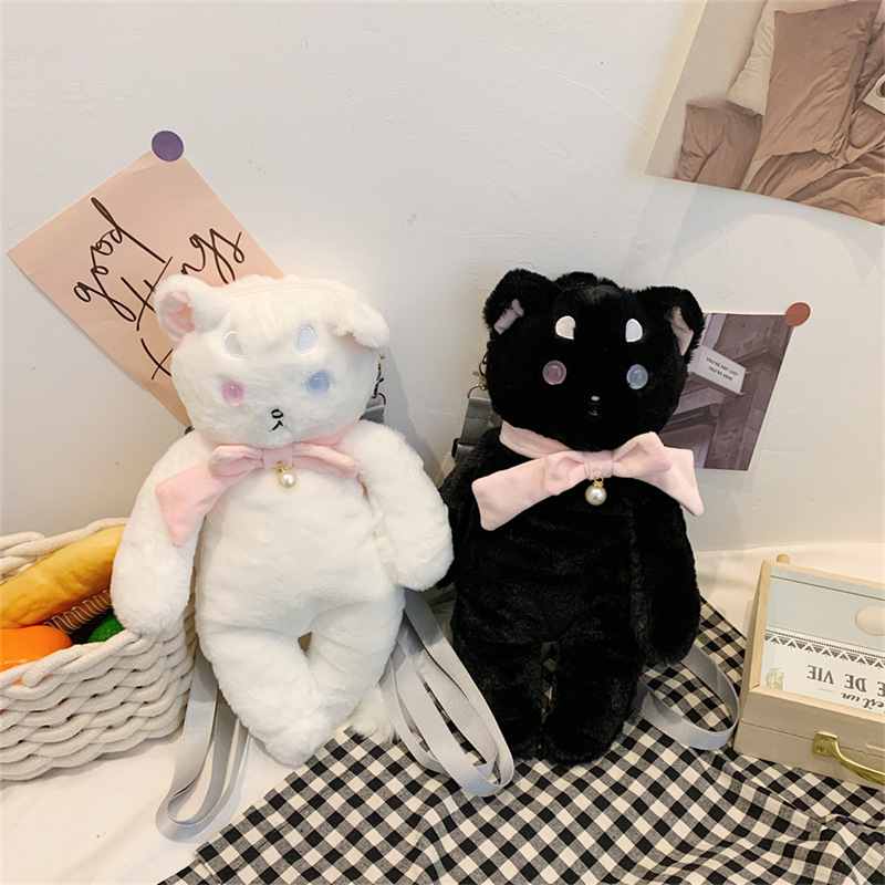 かわいい黒/白猫バッグ女性漫画ぬいぐるみショルダーバッグ女性のためのぬいぐるみバッグ豪華なバックパックかわいいバックパック