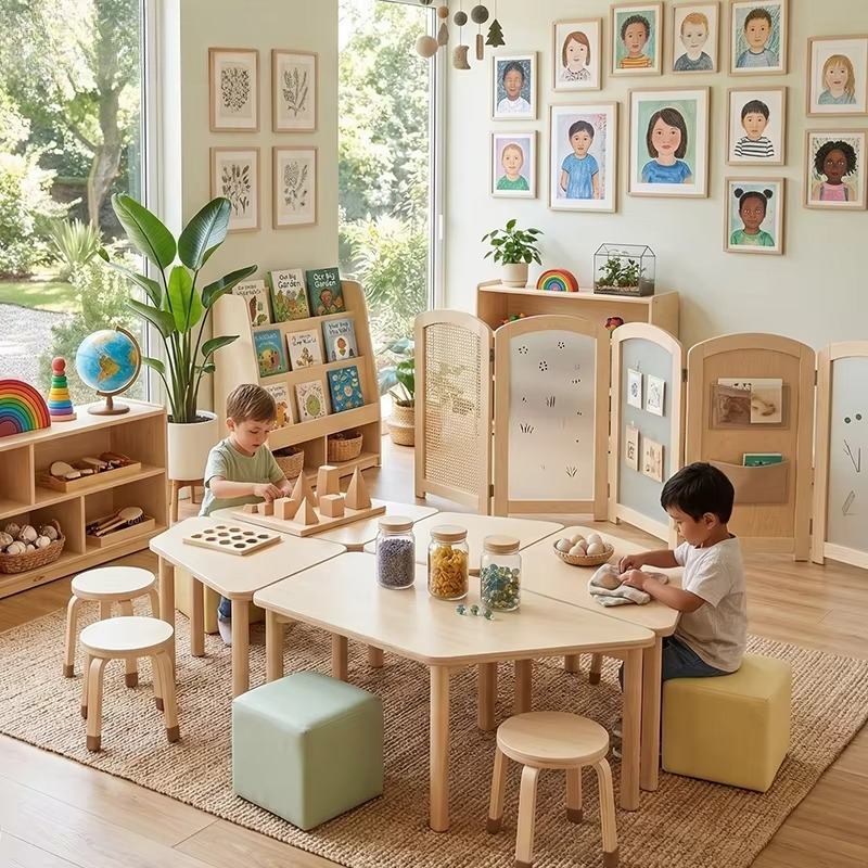 モンテッソーリ キッズ テーブルと椅子セット、保育園用木製就学前家具、保育園教室の机と椅子セット