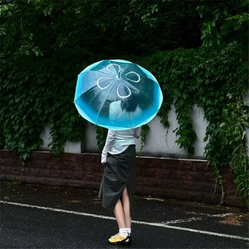 新しい到着ロングハンドルクラゲ傘自動透明グラデーションユニークなビーチパラソルプラスチック雨具