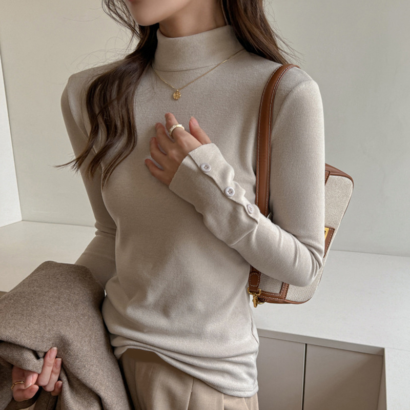 ソフトフェイクカシミヤモックネックプルオーバー女性秋冬暖かいスリムフィットアンダーシャツ女性シックなベーシック固体長袖 Tシャツ