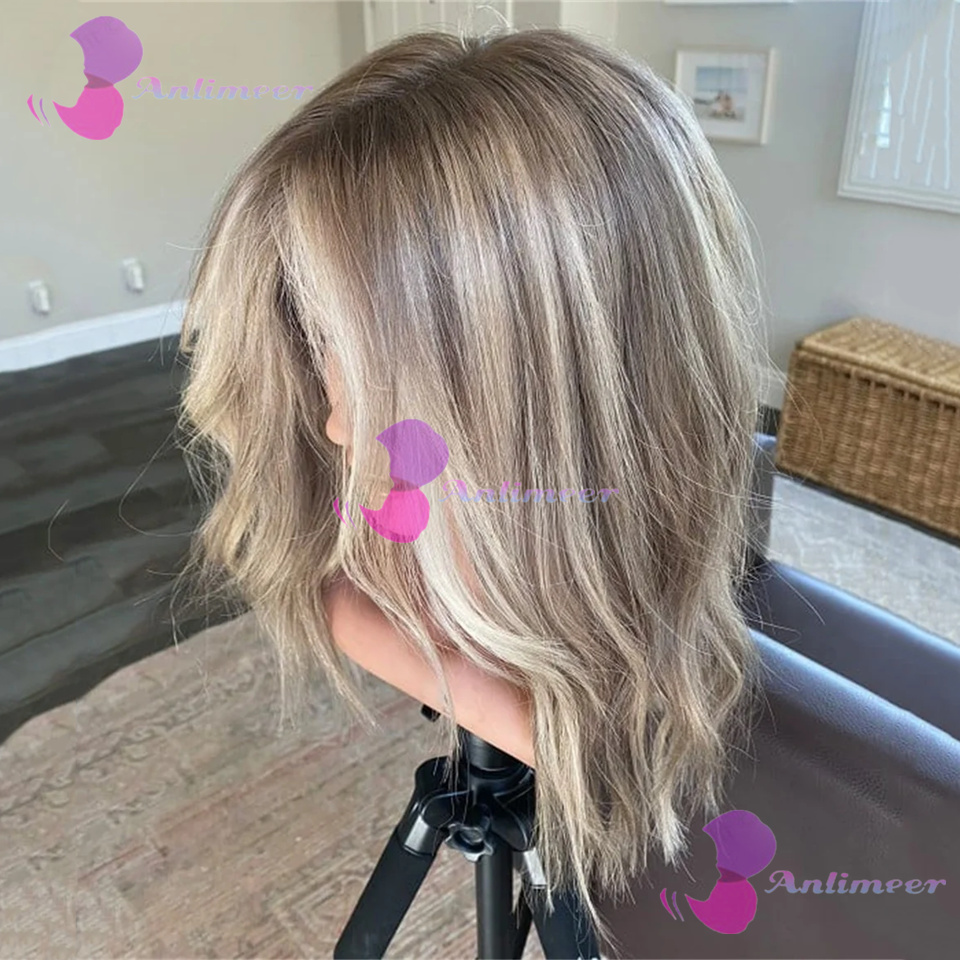 #613 Highlight Balayage Glueless Human Hair Natural Wavy Short Bob Wigs Full Lace Wigs 180% Density Pre Plucked Full Lace Wigs