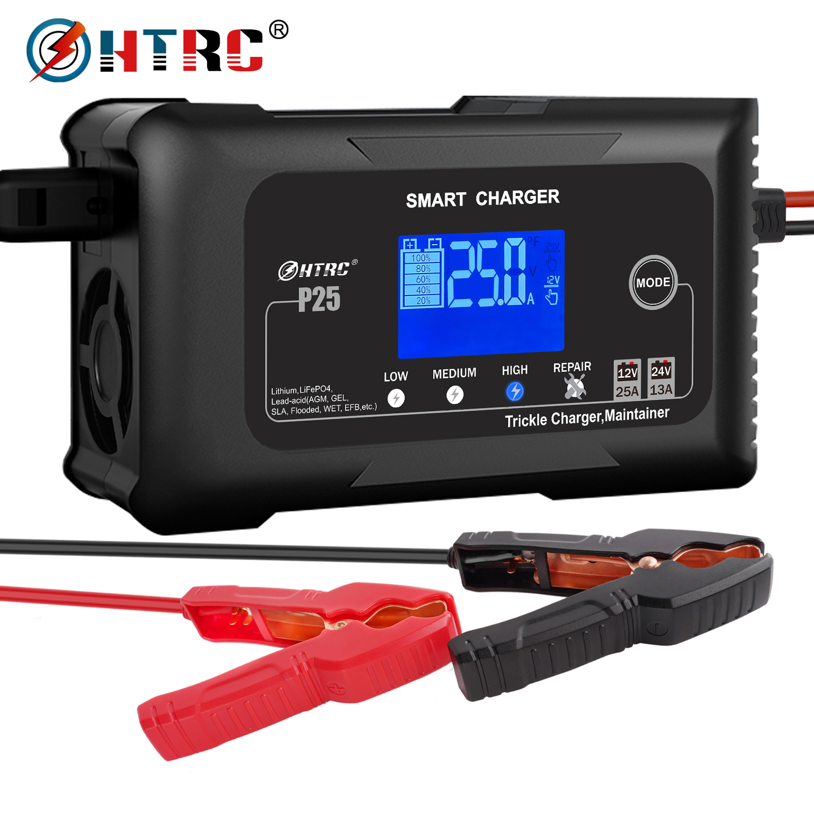HTRC 25A 車のバッテリー充電器 12V 24V パルス修理充電器鉛酸 lifepo4 AGM ゲルウェットバッテリートラックオートバイ充電器