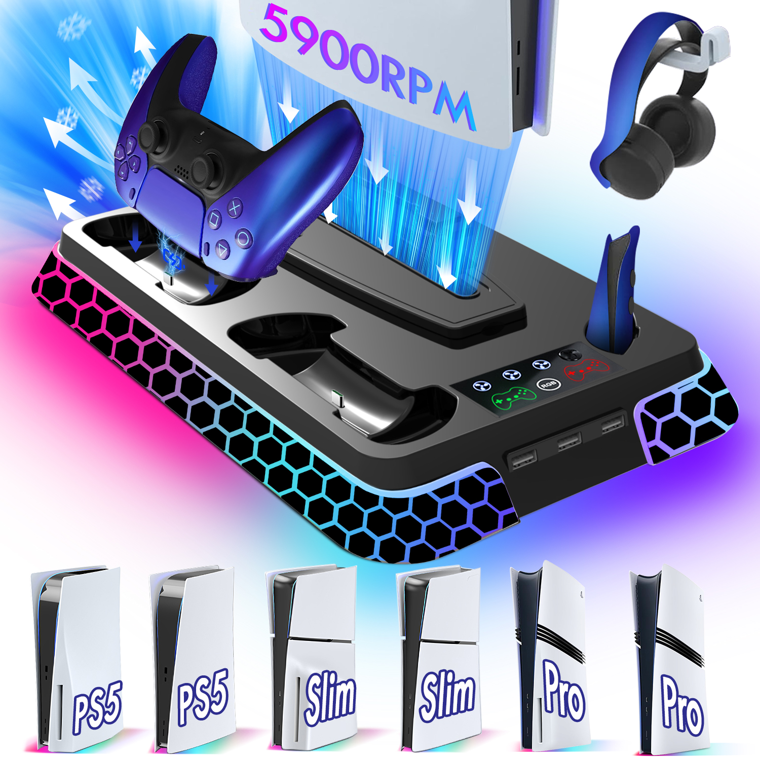 PS5/PS5 Slim/PS5 Pro 用オールインワン冷却スタンドベース モデル: YH66S RGB 照明効果、ストレージ機能、コントローラー付き