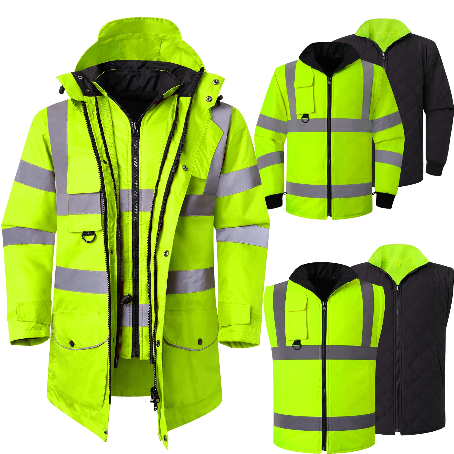 Hi Vis 安全ジャケット 5 in 1 防水パーカー ウインドブレーカー 作業服 冬用レインコート 取り外し可能なライナー付き 保温ジャケット