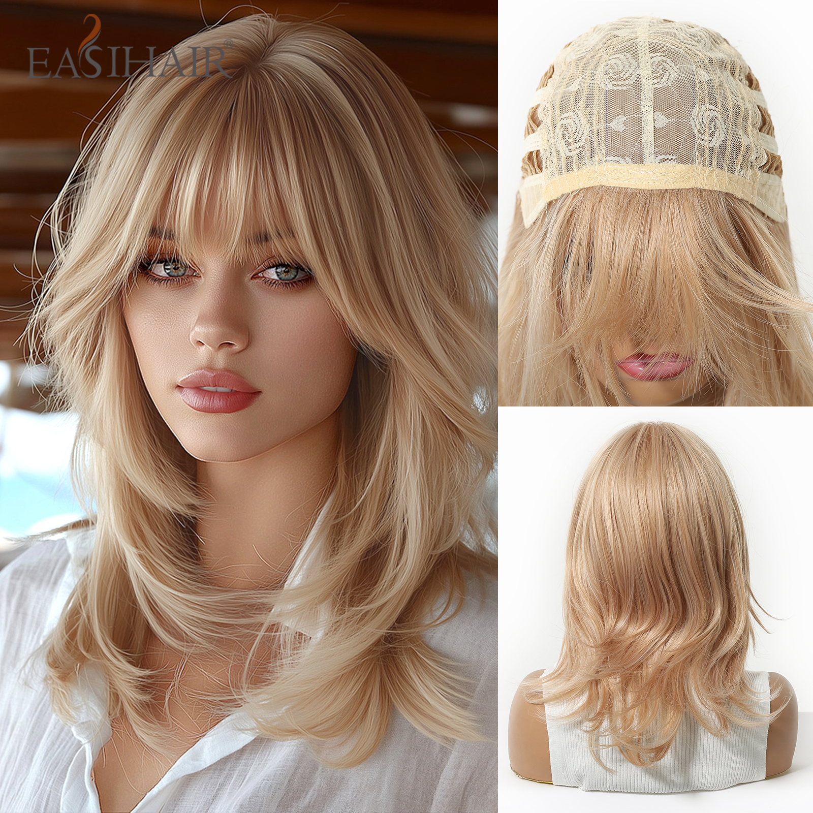 EASIHAIR ミディアムレングス波状ブロンド合成かつら前髪女性のためのナチュラルかつら髪耐熱毎日パーティーコスプレ使用