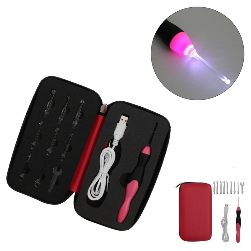 高品質ポータブル 9-in-1 発光 Led 針 Usb 編み物ツールキットかぎ針編み編みフックセット編み物ツール針
