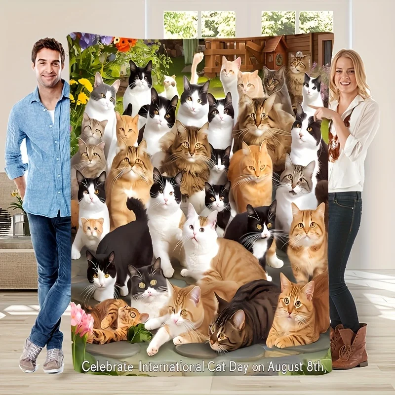1PC 快適な漫画のかわいい猫、猫をテーマにしたパターンプリントのフランネルブランケットは猫愛好家に適しています。柔らかくて暖かい、それは