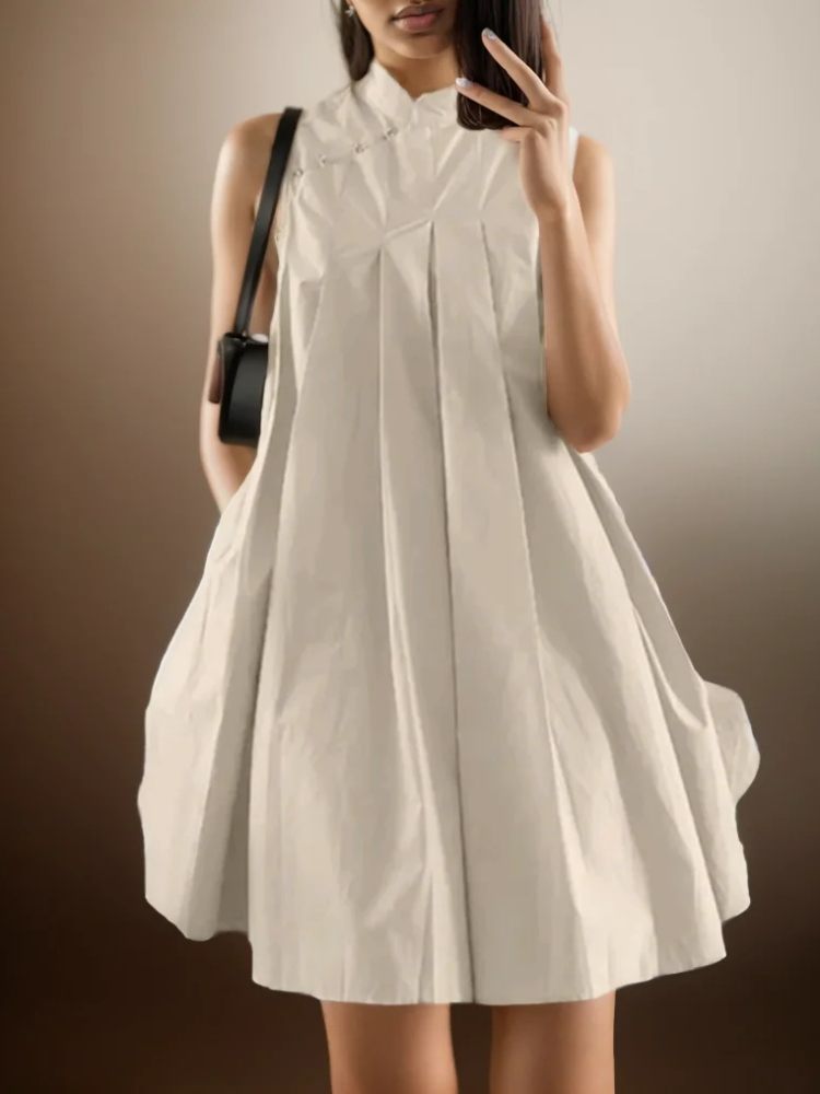 ZANZEA エレガントなノースリーブ A ライン Vestidos 2024 新チャイナドレス女性プリーツパーティードレスヴィンテージファッションマンダリンカラーローブ
