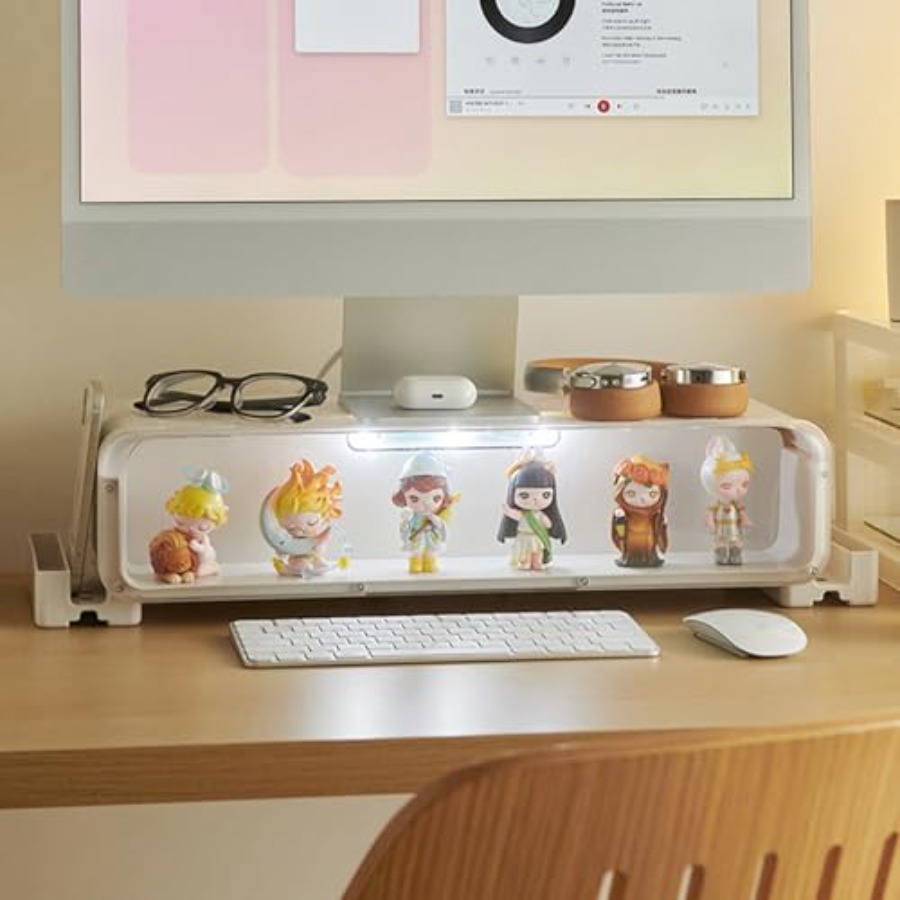 モニタースタンドライザー コンピューターモニタースタンド 引き出しとディスプレイ付き ミニフィギュア コンピューターデスクトップスタンド ライト付き 取り外し可能エレ