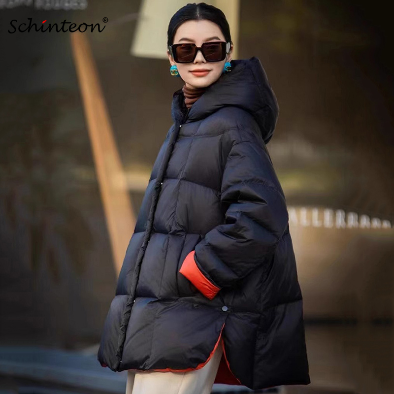 Schinteon 女性ダウンジャケットカジュアルルーズオーバーサイズ暖かい秋冬生き抜くホワイトダックダウンフード付きファッションマタニティコート