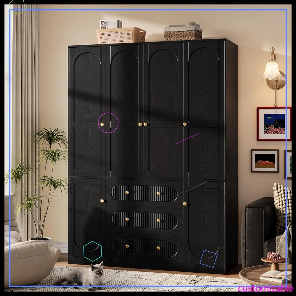 72 Inch Black Wooden Freestanding Armoire Wardrobe Closet With 3 Drawers Hanging Rods Large Capacity Clothes Storage Organizer For Bedroom