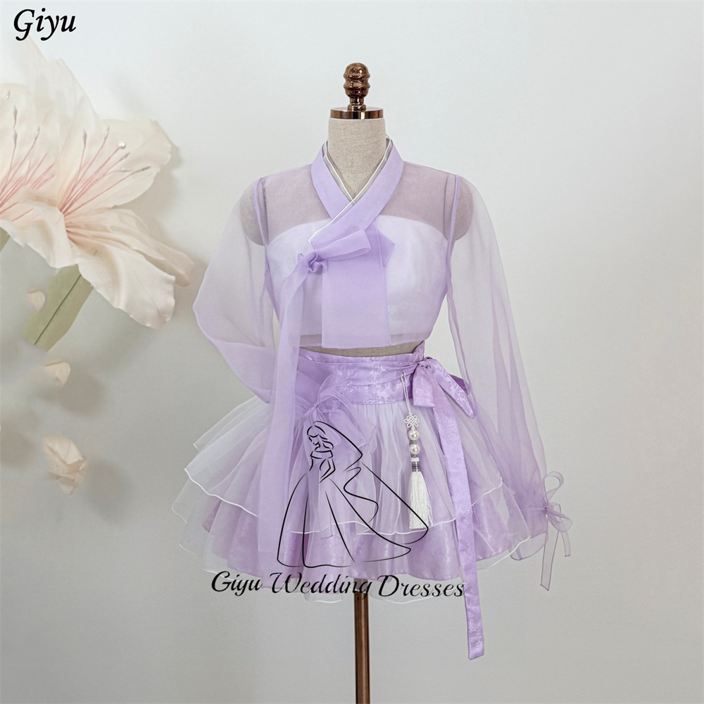 Giyu 紫韓服ミニドレス韓国の伝統的な長袖スカート 2 点セット結婚式の写真撮影パーティードレスカスタマイズ
