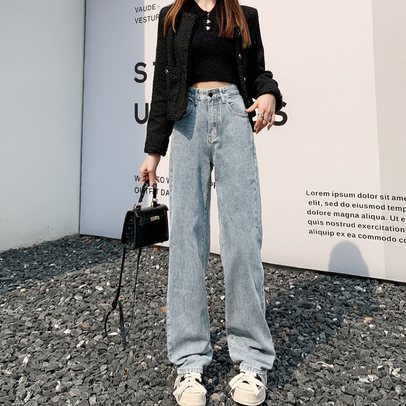 女性向けのニッチカジュアルなハイウエストワイドレッグジーンズ、小柄な方向けのゆったりとしたスリムなストレートレッグフロアレングスパンツ