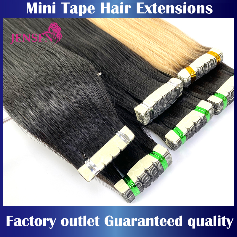 JENSFN 高品質ミニテープヘアエクステンション 100% レミーナチュラル本物の人毛 16 "-26" インチストレートテープインサロン