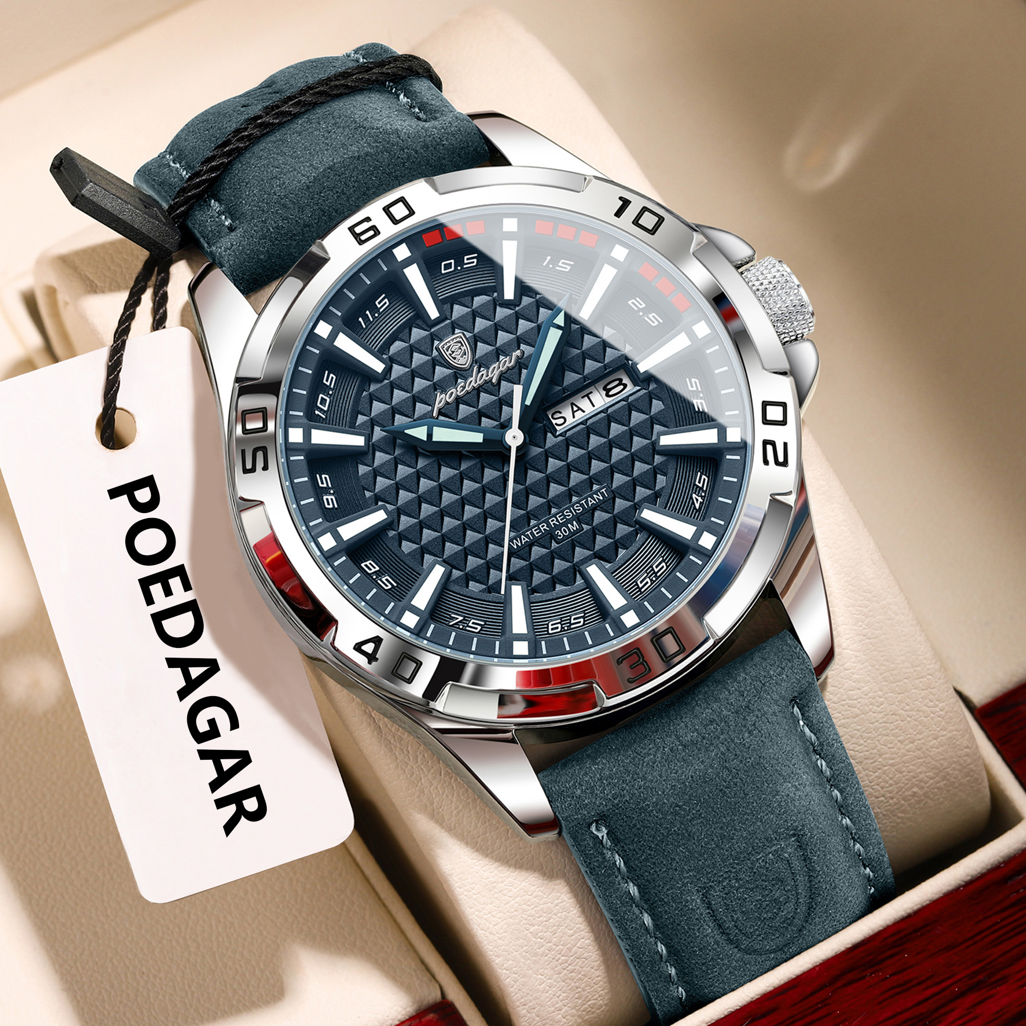 Poedagar オリジナルメンズ腕時計高級防水発光日付週腕時計男性クォーツレザーファッションメンズ腕時計リロイ Hombre