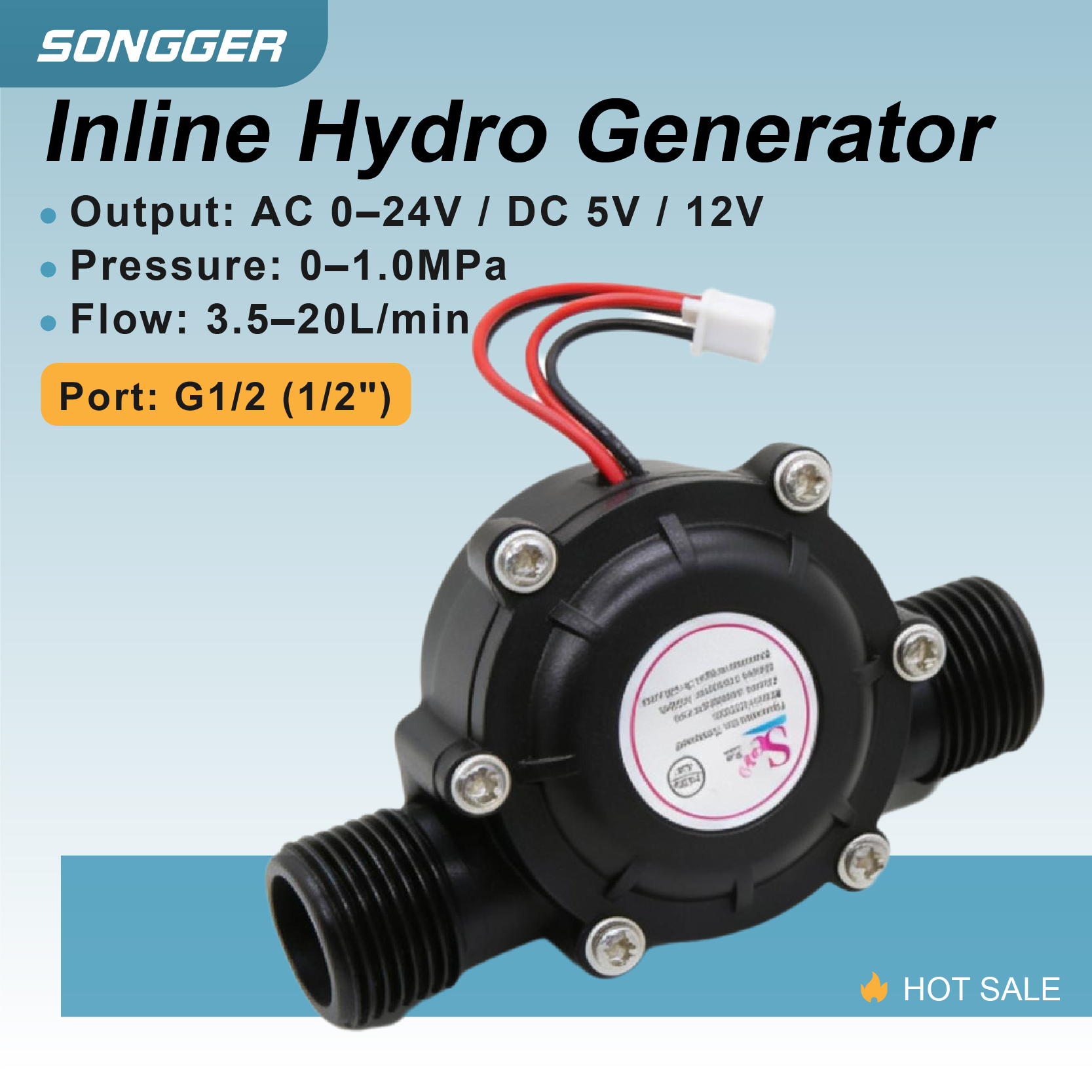 インライン水力発電機 DC5V/12V G1/2 水流タービン発電機 3.5-20L/分 蛇口センサーヒーターシステム用