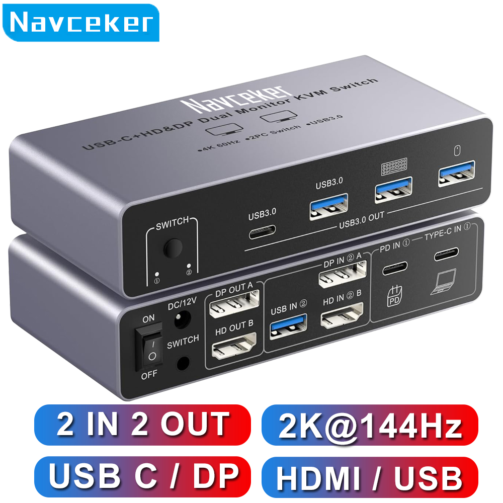 Navceker USB C HDMI DP KVM スイッチ 2K 144Hz デュアルモニター 4K Type C ThunderBolt KVM スイッチ USB 3.0 1 PC 1 ラップトップ 2 スクリーン用