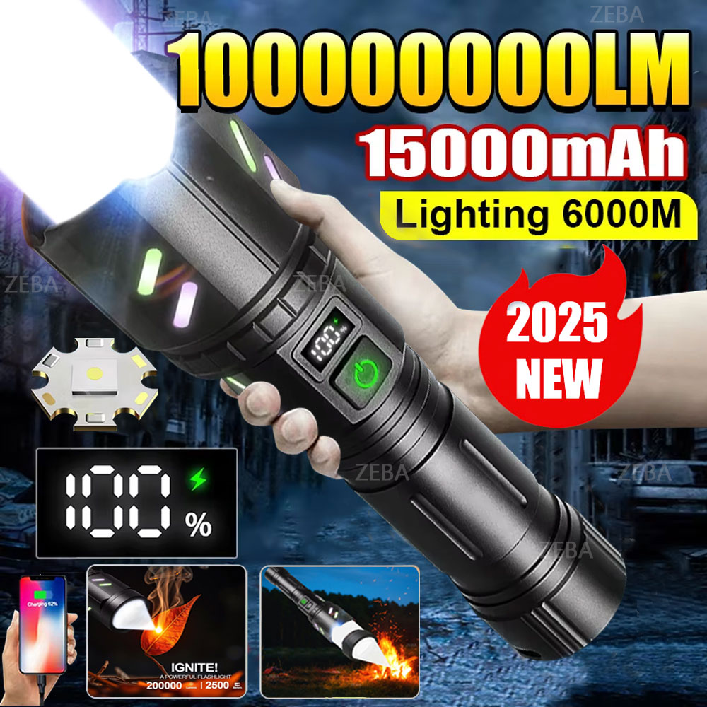 2026 新 15000mAh ファイヤースターター懐中電灯 100000LM 超強力懐中電灯ズーム USB 充電式ランタン屋外キャンプトーチ