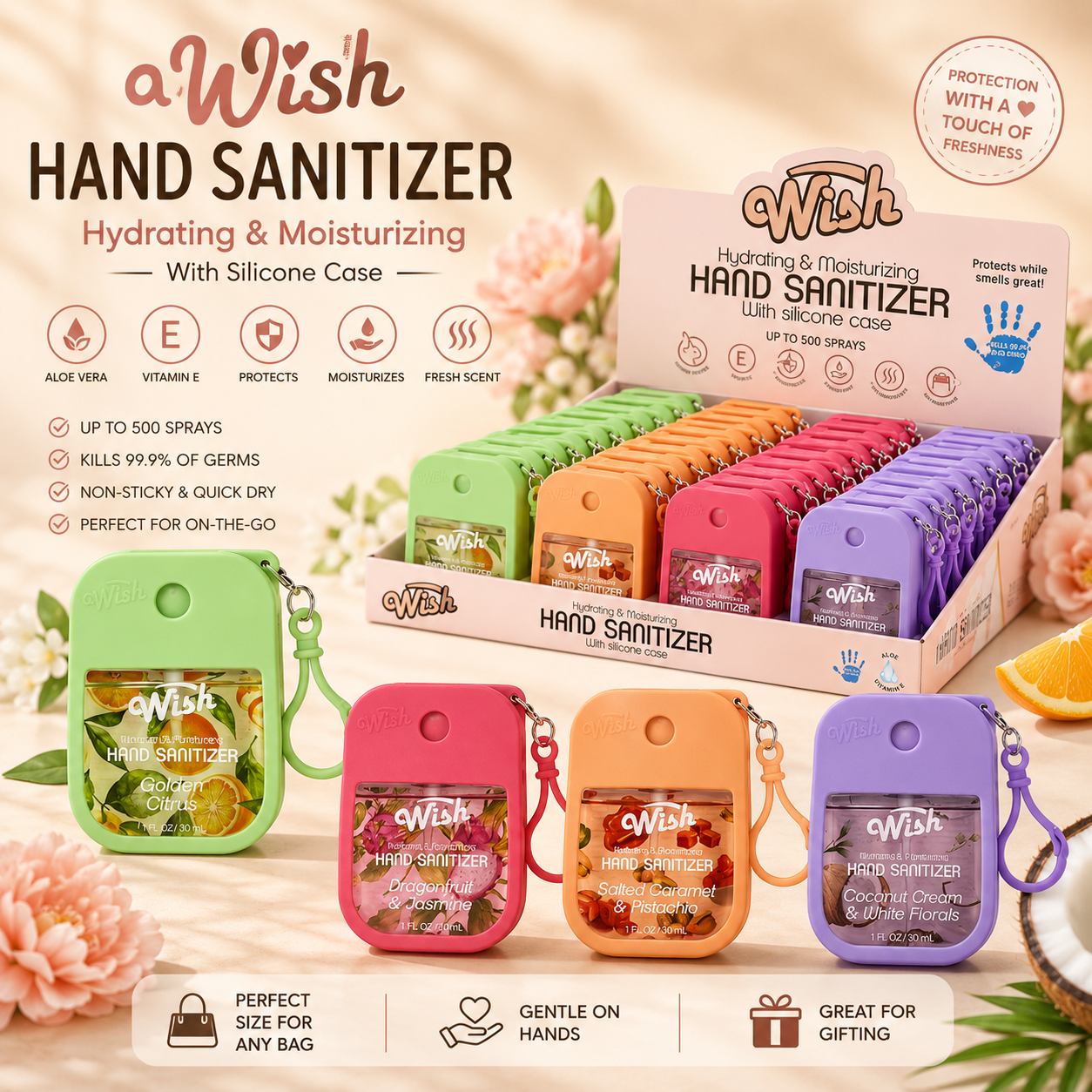 Wish ハンドサニタイザー 4 パック ポータブル シリコンケース キーホルダー アロエ ビタミン E 保湿ハンドサニタイザー ジェル さまざまな香り トラベルサイズ 各 30ml