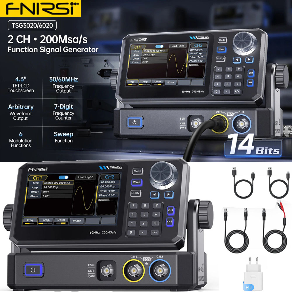 FNIRSI® TSG6020 TSG3020 デュアルチャネル機能信号発生器 60MHz/30MHz 200MSa/s 電子テスト用 4.3 インチ タッチスクリーン